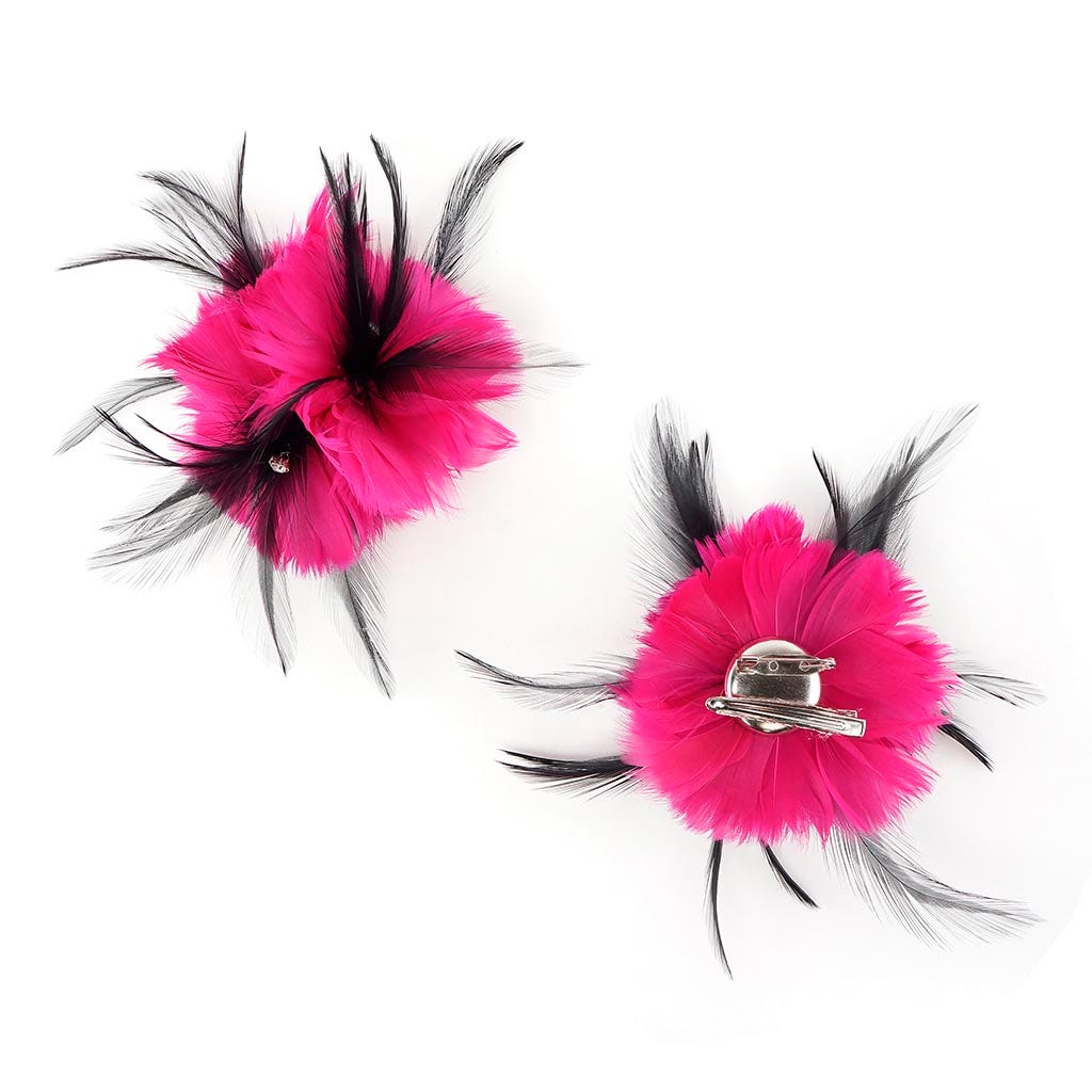 Feather Corsage-Coquille-Hackle-Jewel - Shocking Pink/Black - Feathers