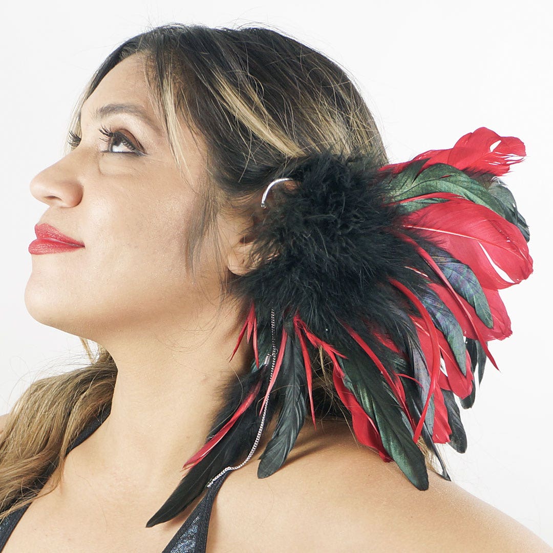 Feather Ear Cuffs - Red and Black - Feathers