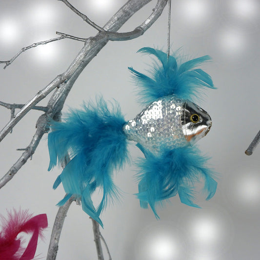 Feather Fish Ornament Silver/Dark Turquoise - Feathers