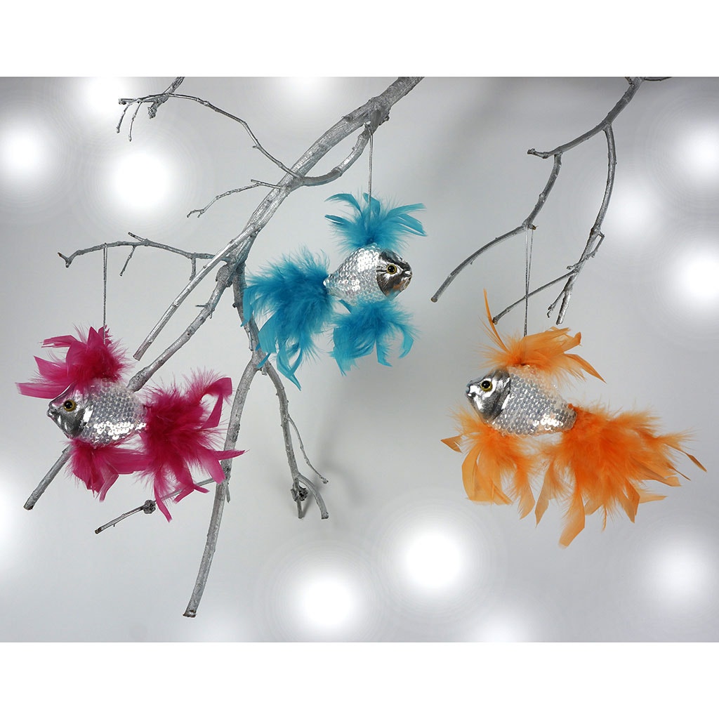 Feather Fish Ornament Silver/Orange - Feathers