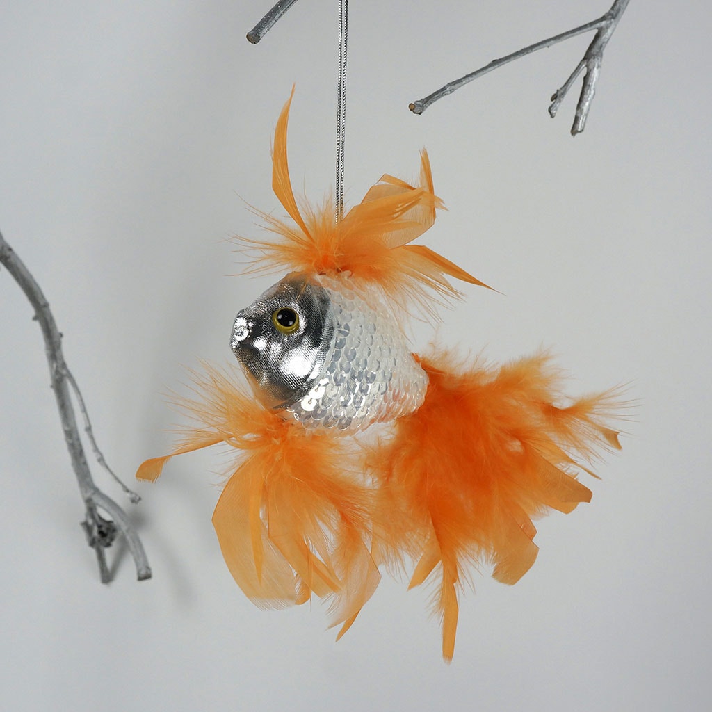 Feather Fish Ornament Silver/Orange - Feathers