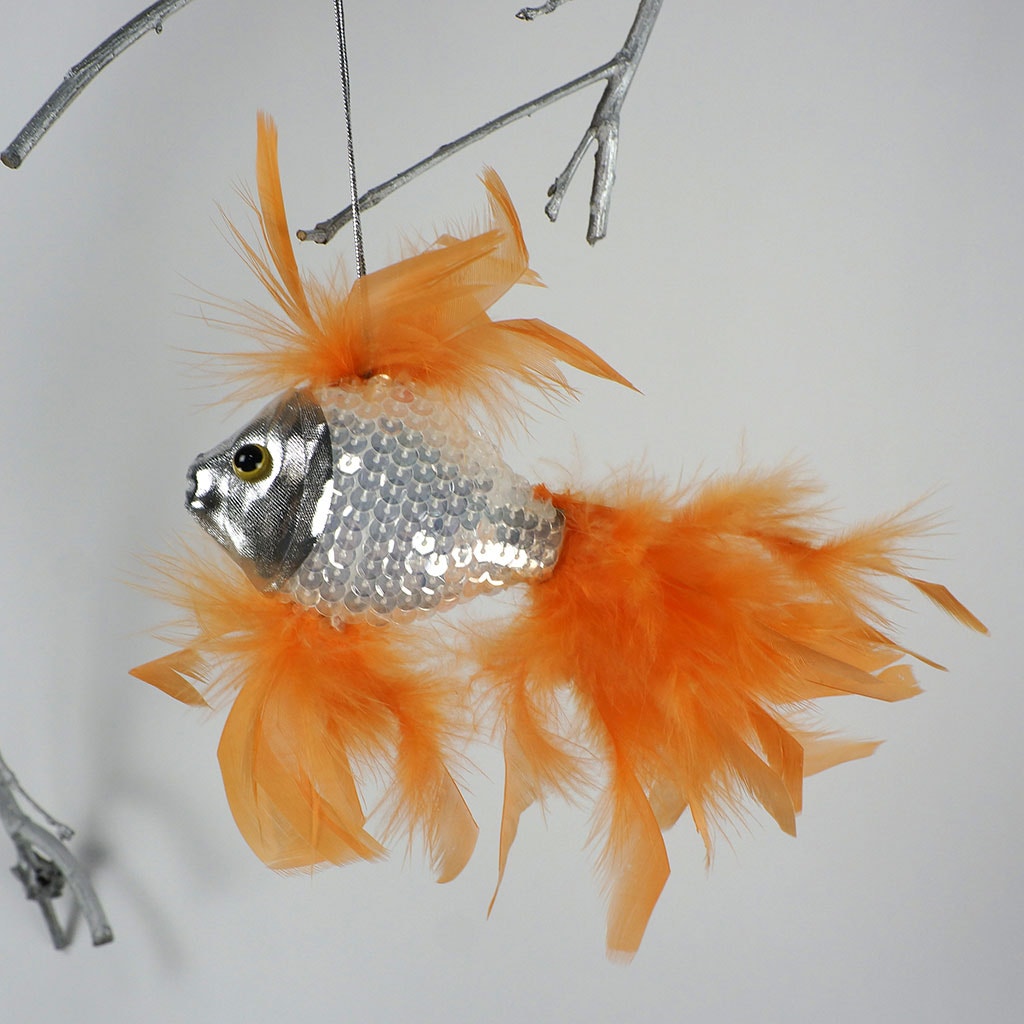 Feather Fish Ornament Silver/Orange - Feathers