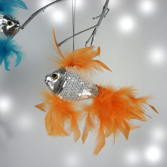 Feather Fish Ornament Silver/Orange - Feathers