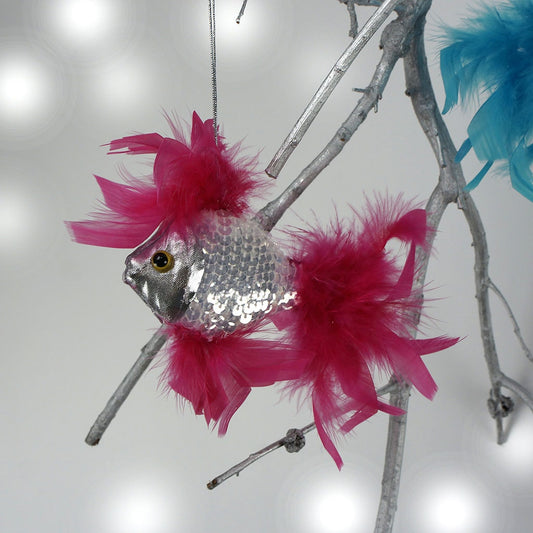 Feather Fish Ornament Silver/Shocking Pink - Feathers