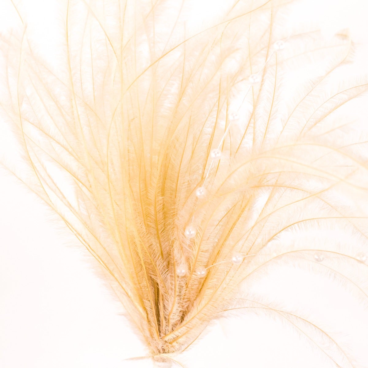 Feather Floral Pick w/Ostrich - Pearls-Beige - Feathers