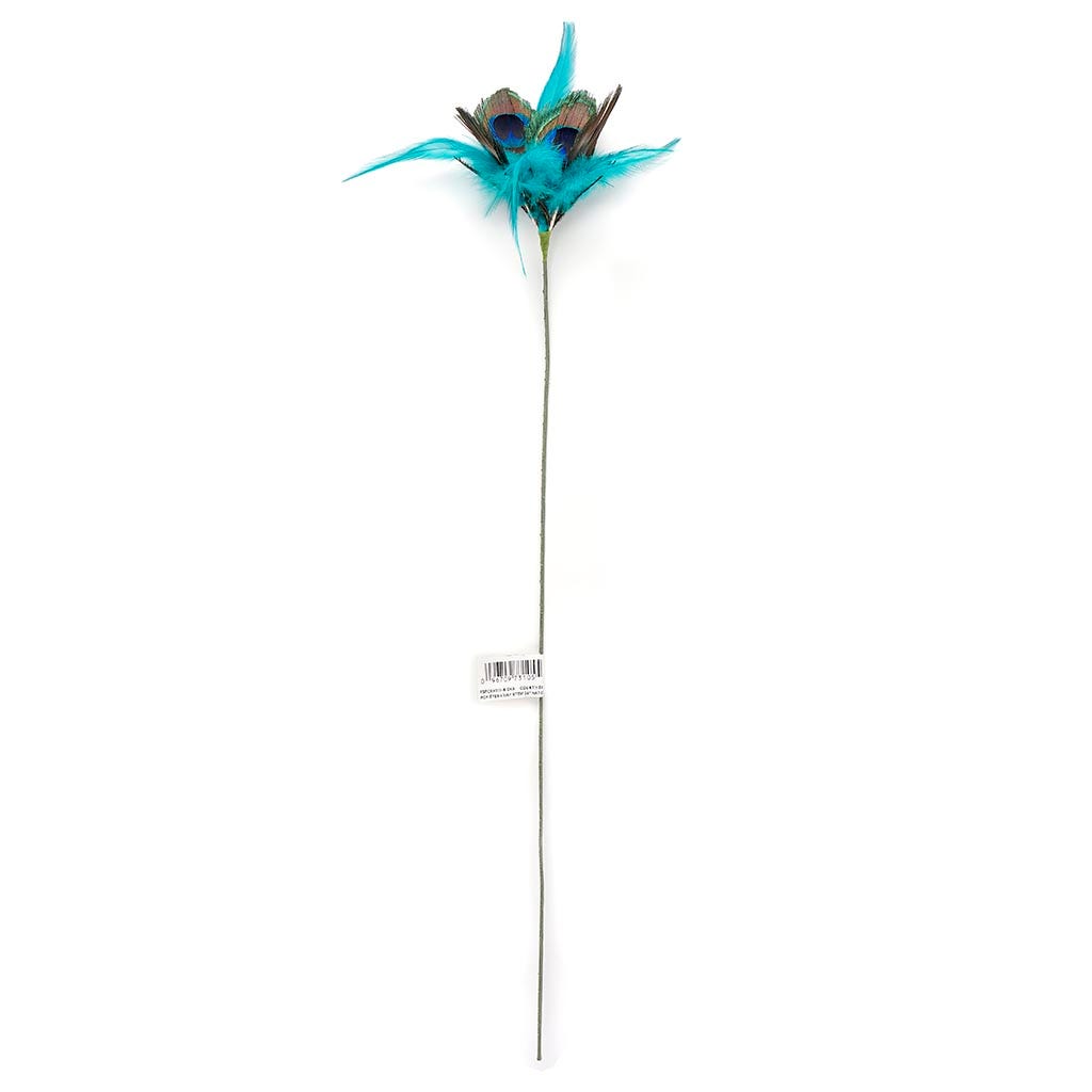 Feather Floral Stem - Peacock- Hackle Natural/Dark Aqua - Feathers