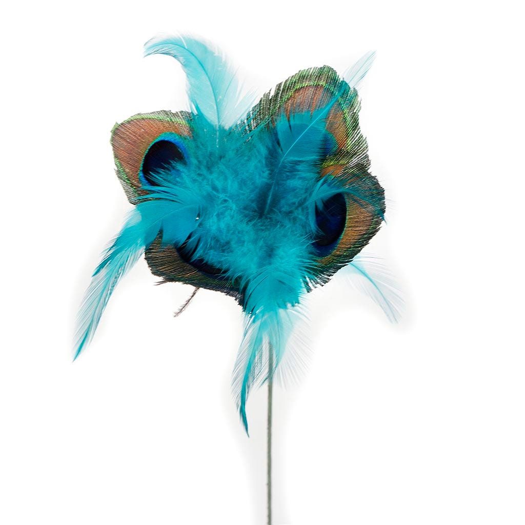 Feather Floral Stem - Peacock- Hackle Natural/Dark Aqua - Feathers