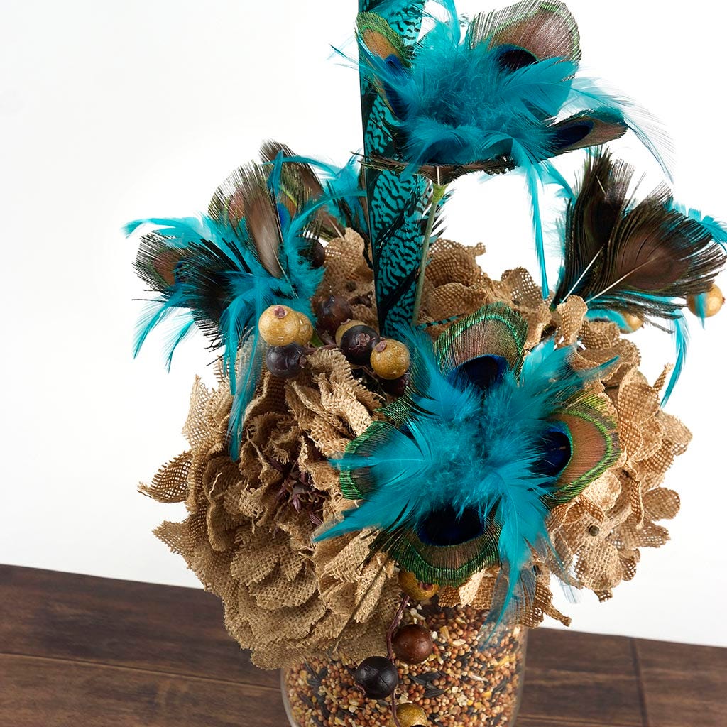 Feather Floral Stem - Peacock- Hackle Natural/Dark Aqua - Feathers