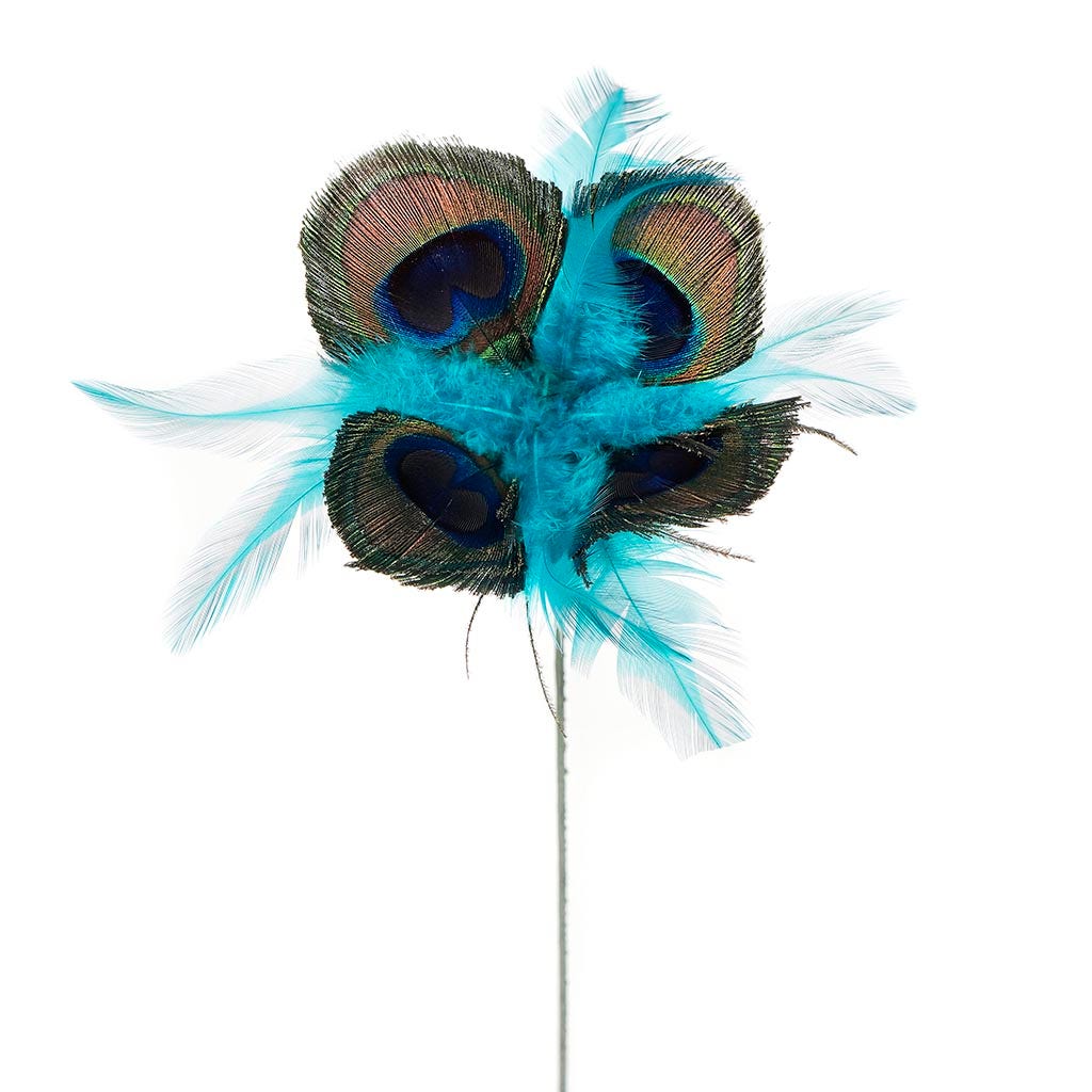 Feather Floral Stem - Peacock- Hackle Natural/Dark Aqua - Feathers