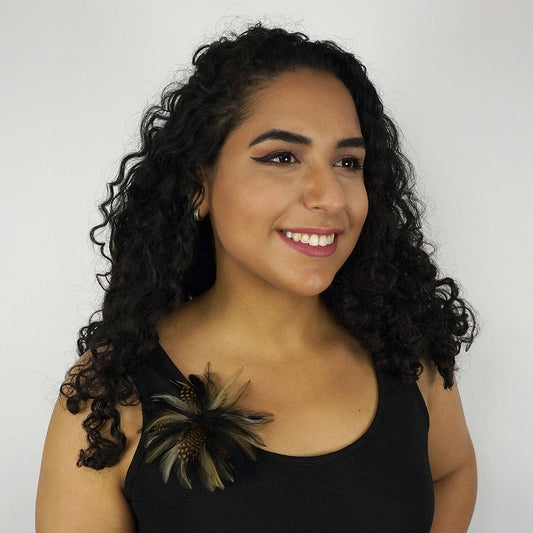 Feather Flower Corsage - Beige / Black - Feathers