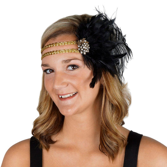 Feather Headband w/Ostrich/Schlappen Black/Gold - Feathers