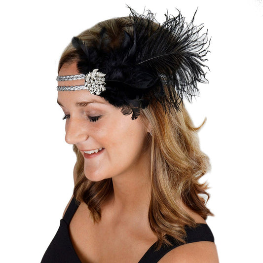 Feather Headband w/Ostrich/Schlappen Black/Silver - Feathers