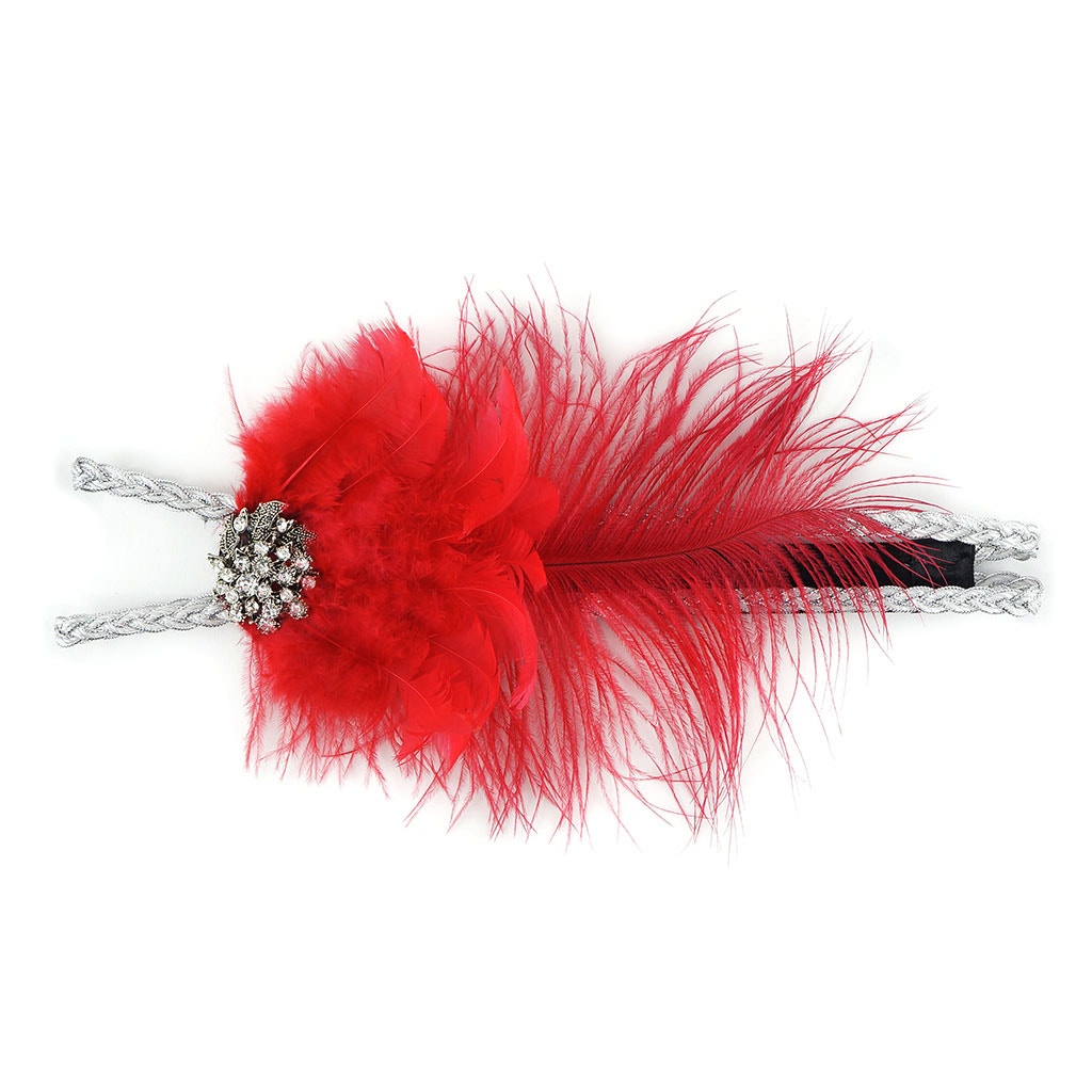 Feather Headband w/Ostrich/Schlappen Red/Silver - Feathers