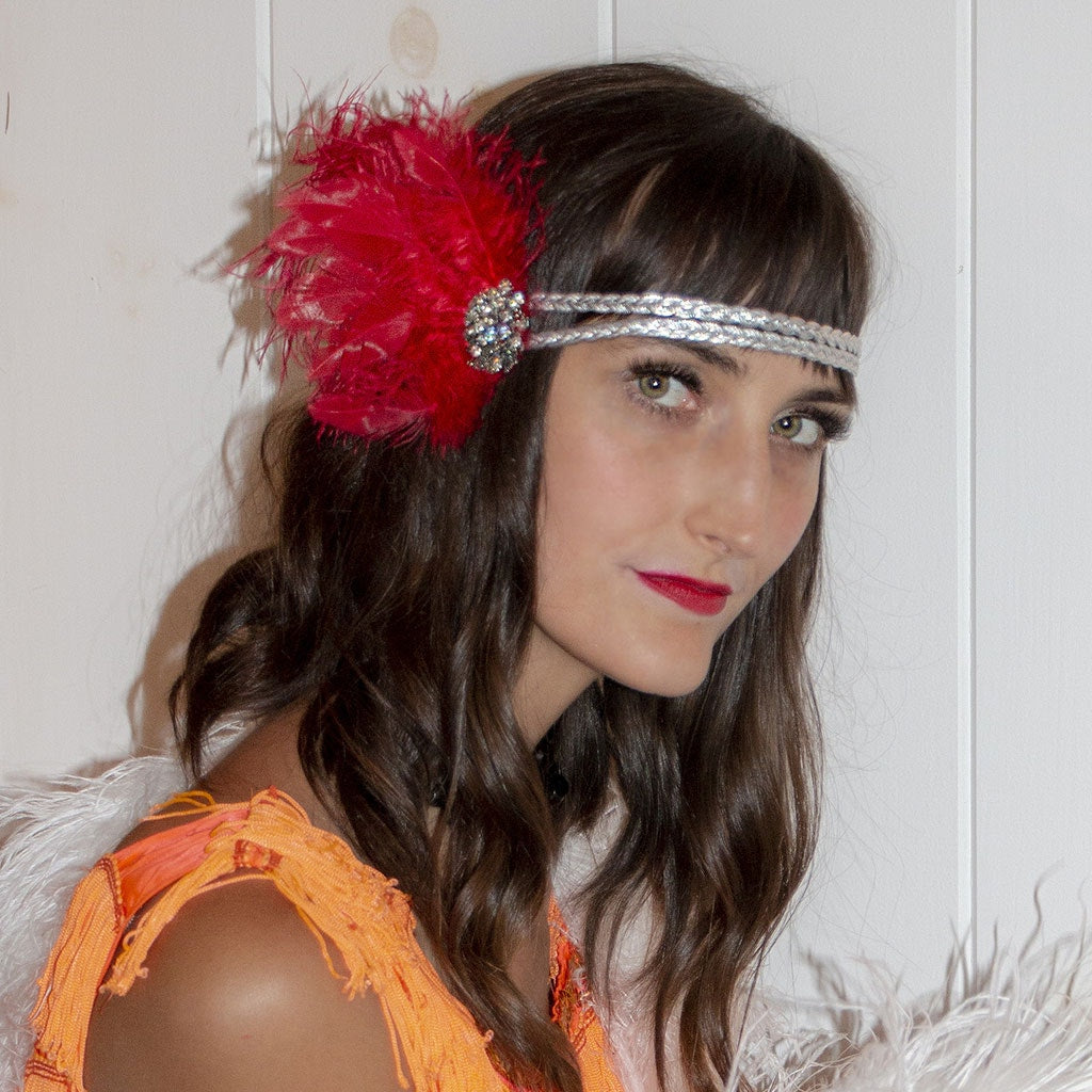 Feather Headband w/Ostrich/Schlappen Red/Silver - Feathers