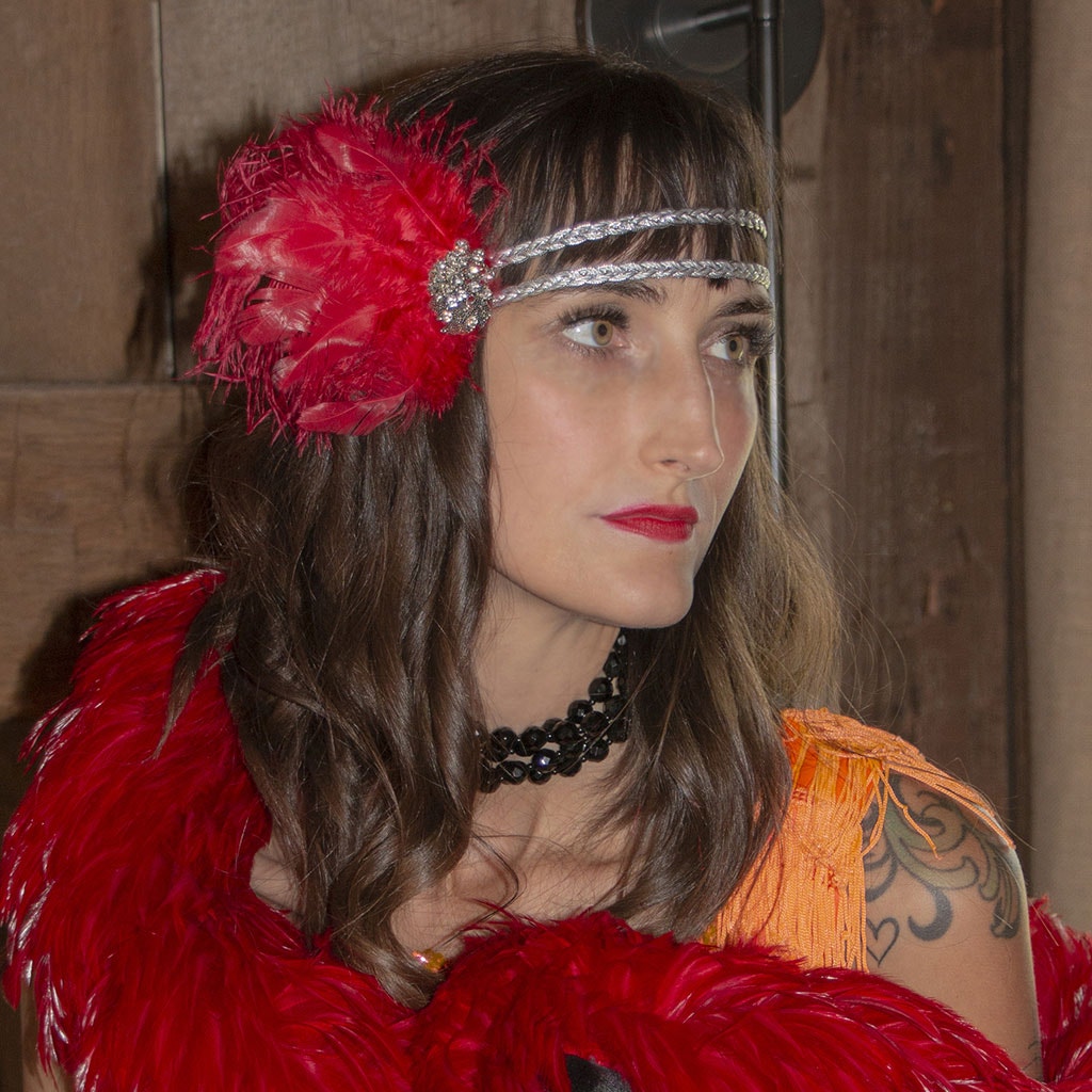 Feather Headband w/Ostrich/Schlappen Red/Silver - Feathers