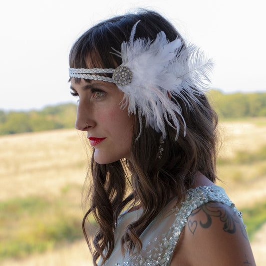 Feather Headband w/Ostrich/Schlappen Silver/White/Champagne - Feathers