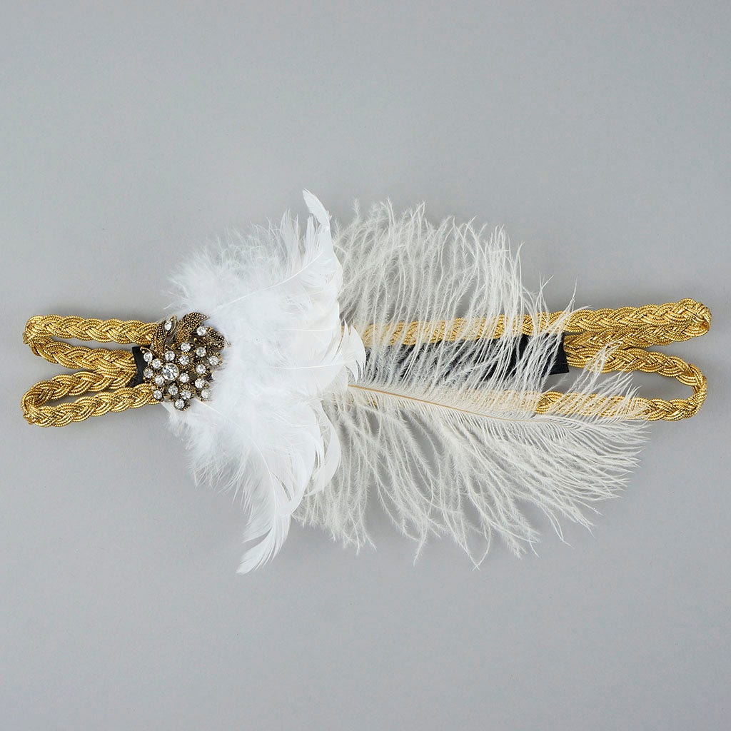 Feather Headband w/Ostrich/Schlappen White/Gold - Feathers