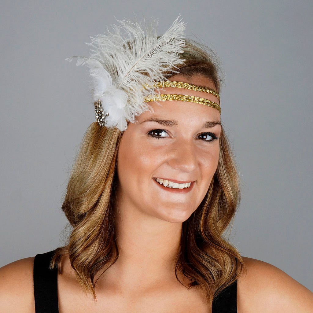 Feather Headband w/Ostrich/Schlappen White/Gold - Feathers