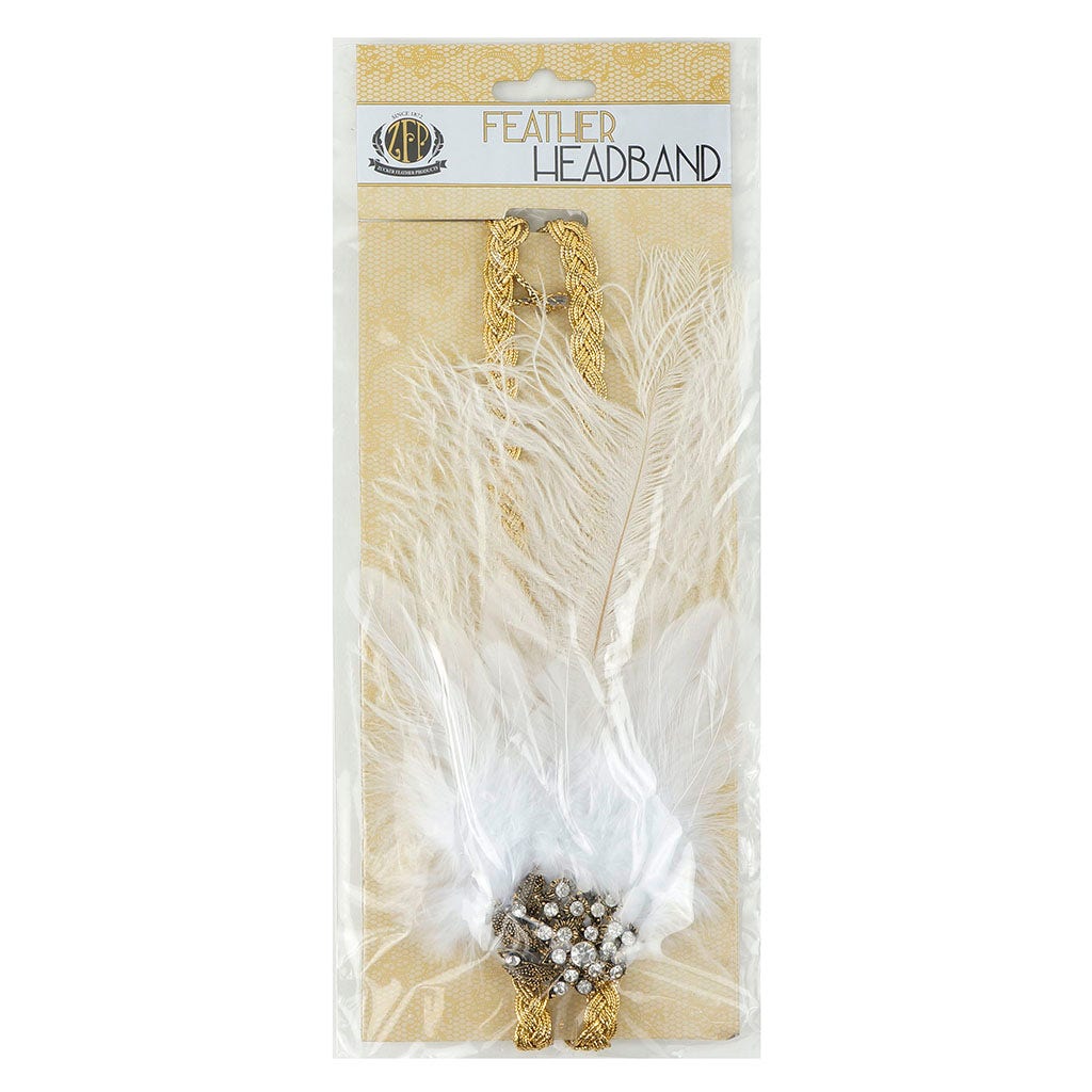 Feather Headband w/Ostrich/Schlappen White/Gold - Feathers