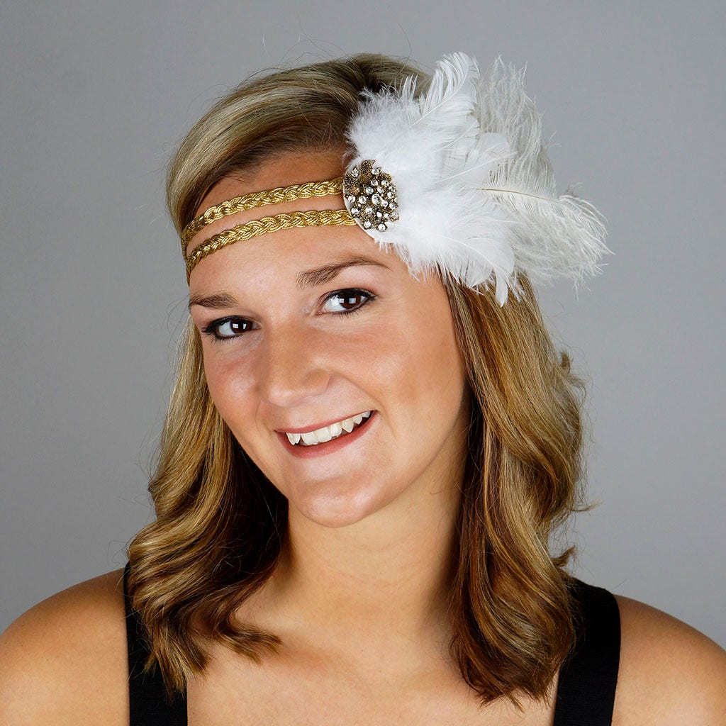 Feather Headband w/Ostrich/Schlappen White/Gold - Feathers