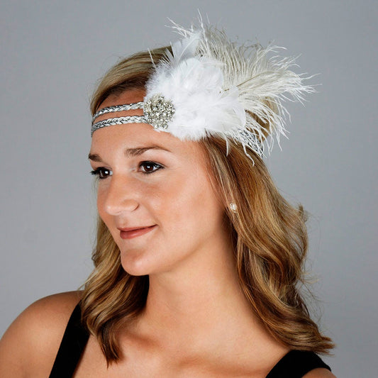 Feather Headband w/Ostrich/Schlappen White/Silver - Feathers