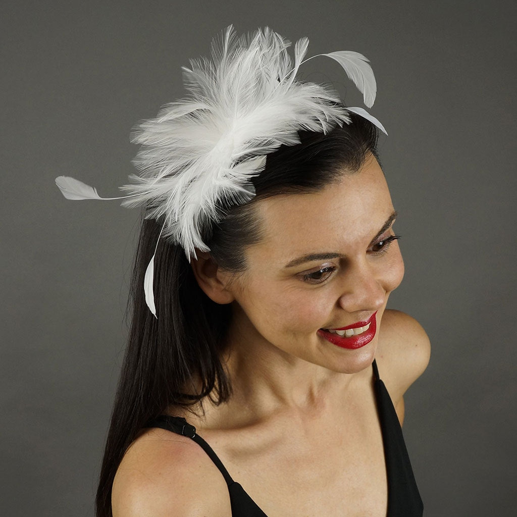 Feather Headband w/Rooster Hackle/Stripped Coque White - Feathers