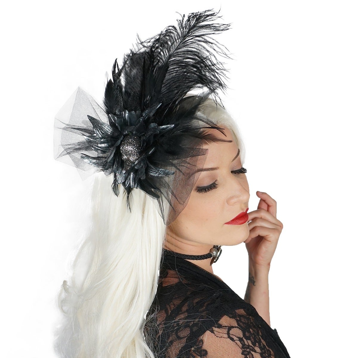 Feather Headband With Rhinestone Skull 6-7’’ - Black - Feathers