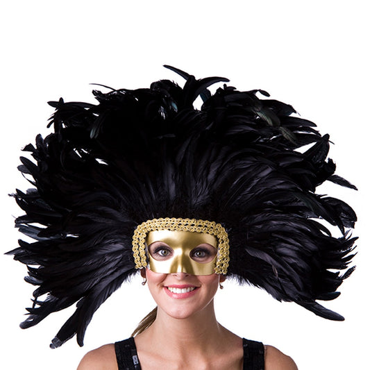 Feather Headdress Mask-Dyed - Black - Feathers