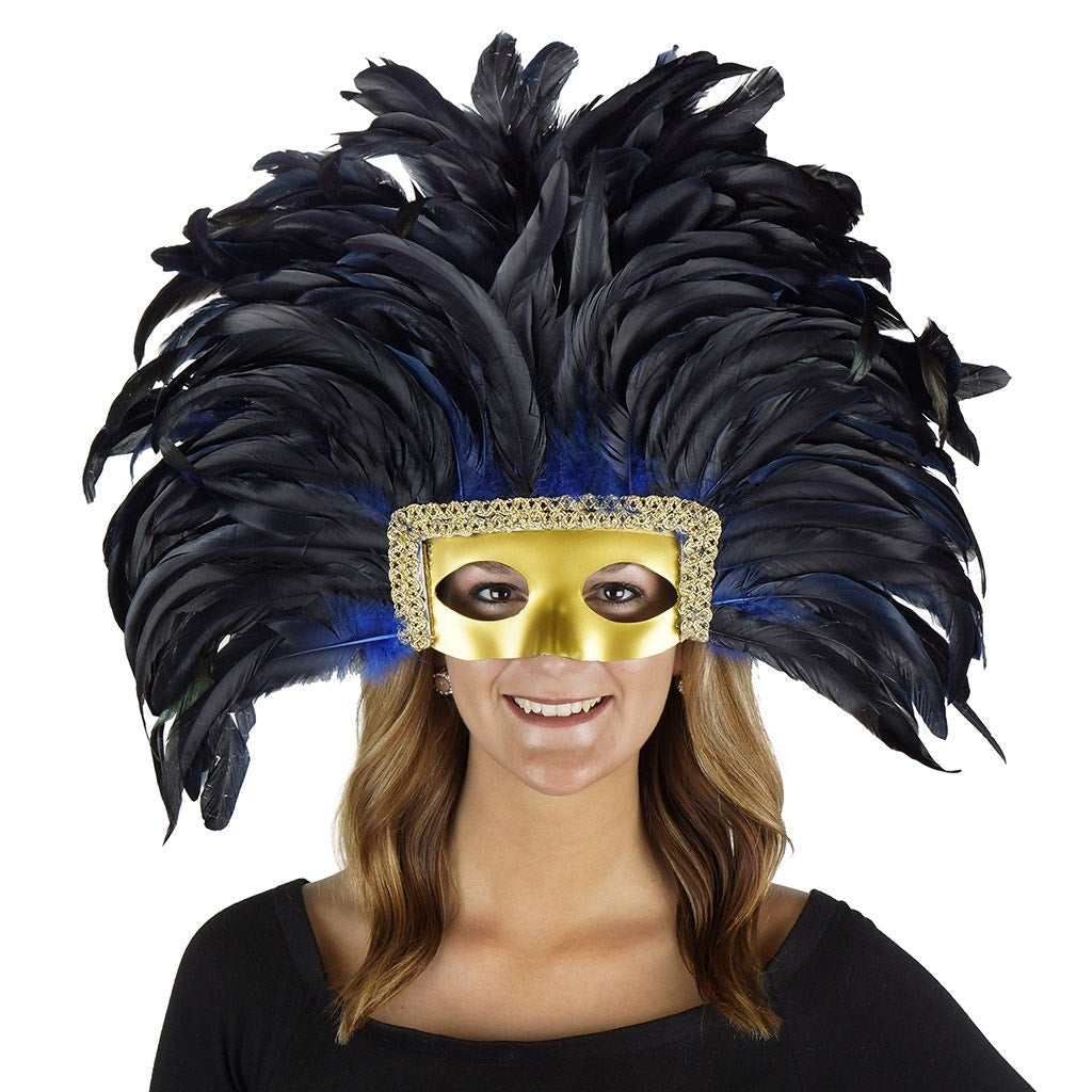 Feather Headdress Mask-Dyed - Royal - Feathers