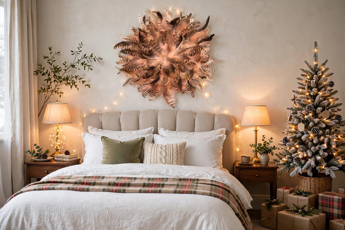Feather Juju Hat Wall Art - Apricot Blush hung on a wall in a holiday-decorated room