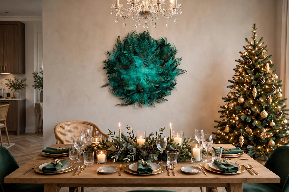 Feather Juju Hat Wall Art - Aquamarine hung on a wall in a holiday-decorated room