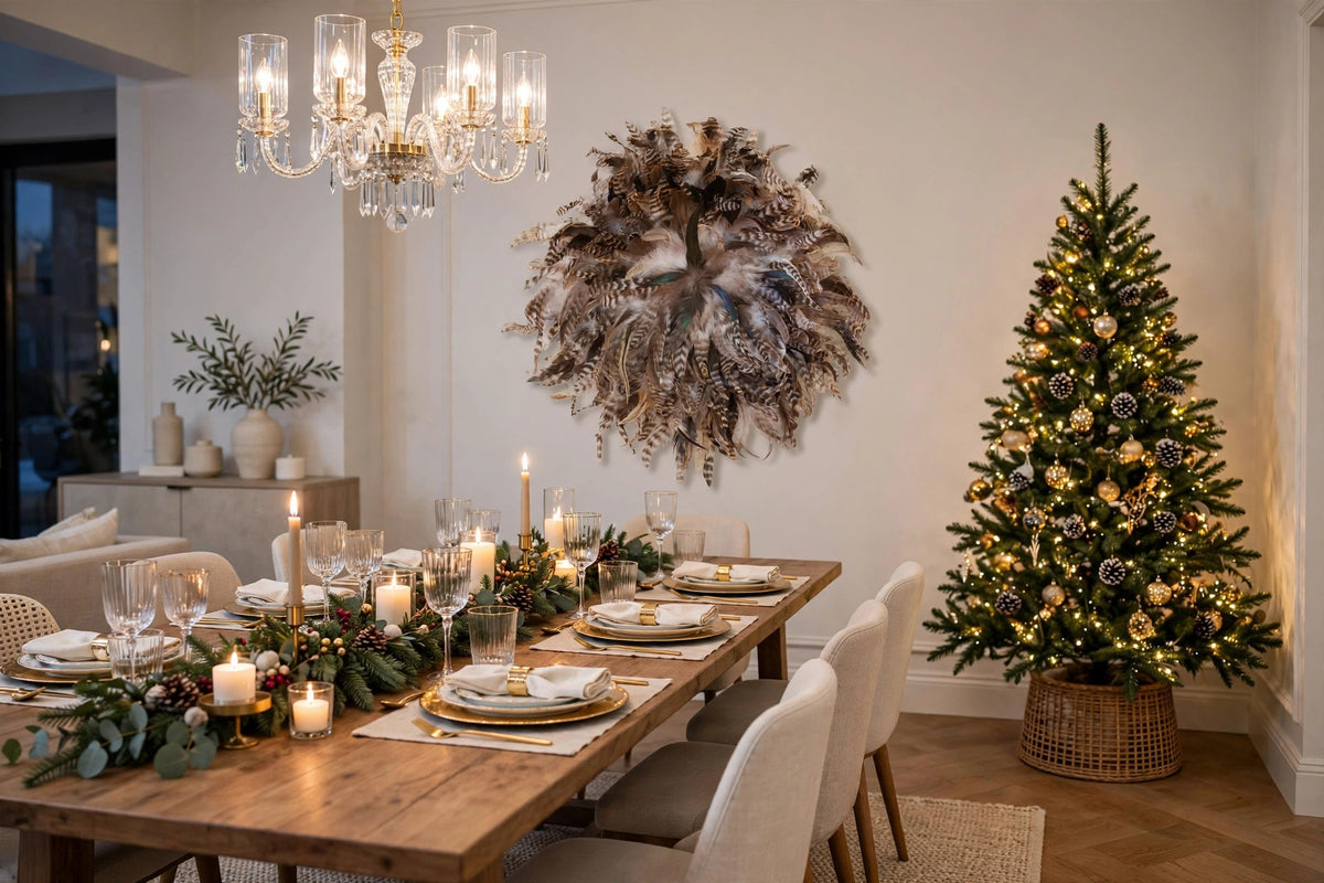 Feather Juju Hat Wall Art - Natural hung on a wall in a holiday-decorated room