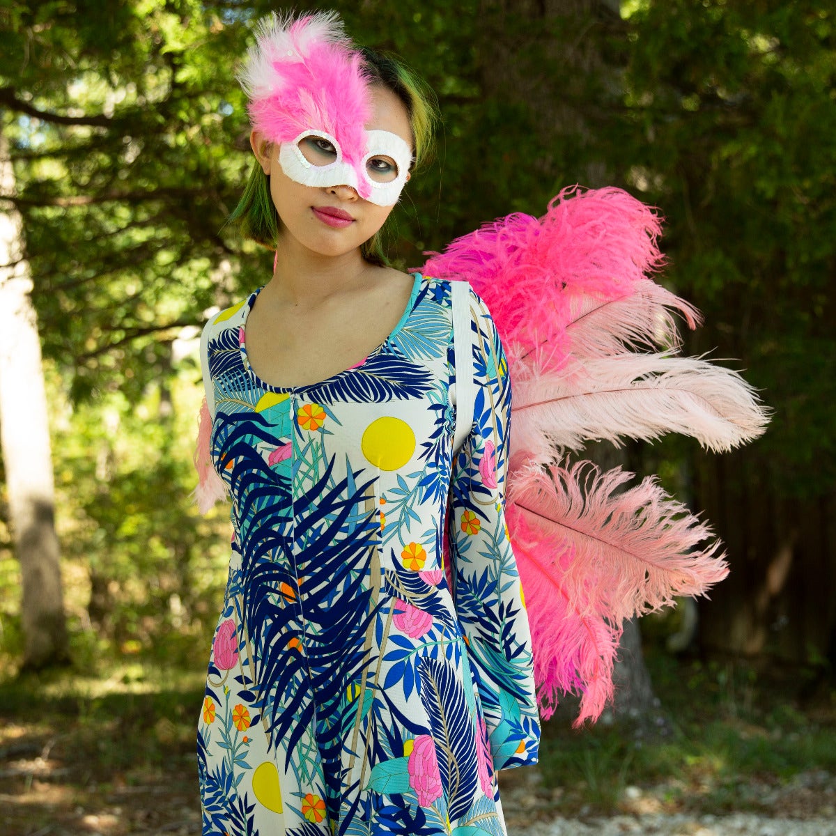 Feather Mask - Pink - White - Feathers