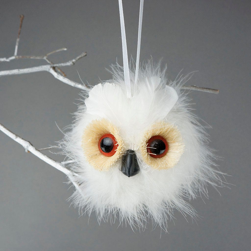 Feather Owl Ornament - White - Feathers