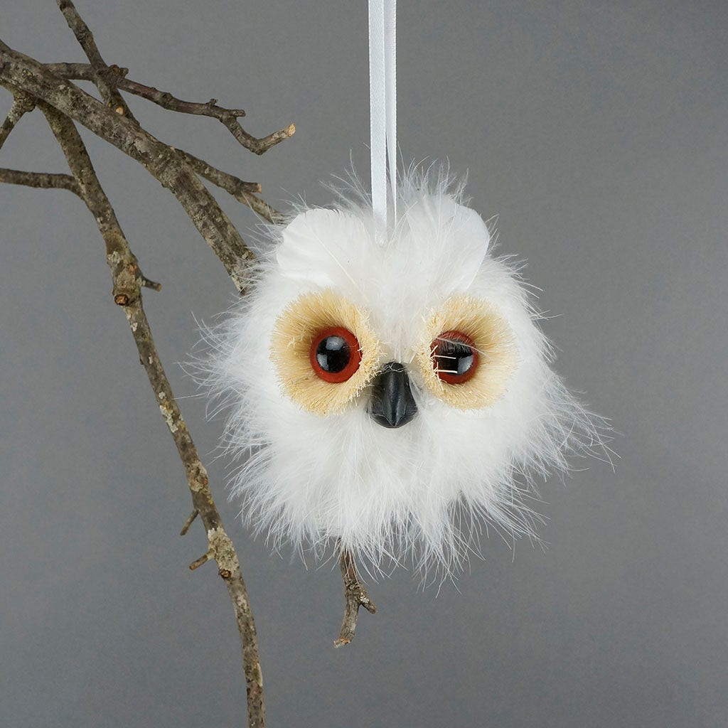 Feather Owl Ornament - White - Feathers