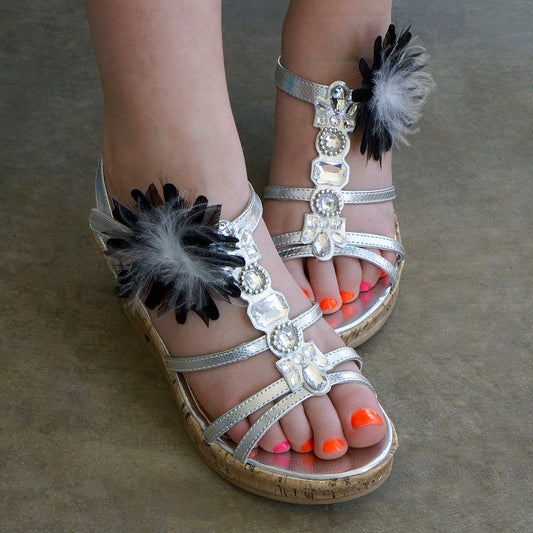 Feather Shoe Clip w/Marabou-Hackle-Felt - White/Black - Feathers