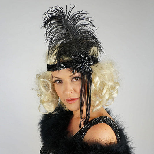 Flapper Feather Headband w/Tassel - Black and Black - Feathers