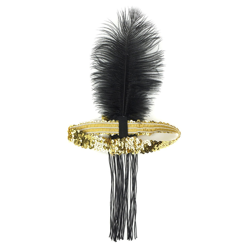 Flapper Feather Headband w/Tassel - Gold and Black - Feathers