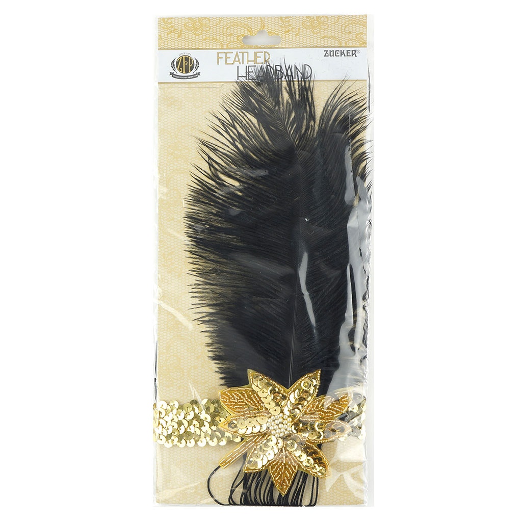 Flapper Feather Headband w/Tassel - Gold and Black - Feathers