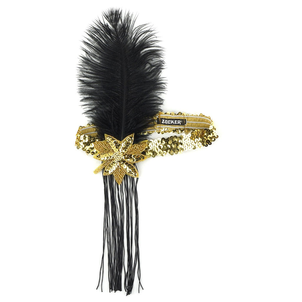 Flapper Feather Headband w/Tassel - Gold and Black - Feathers