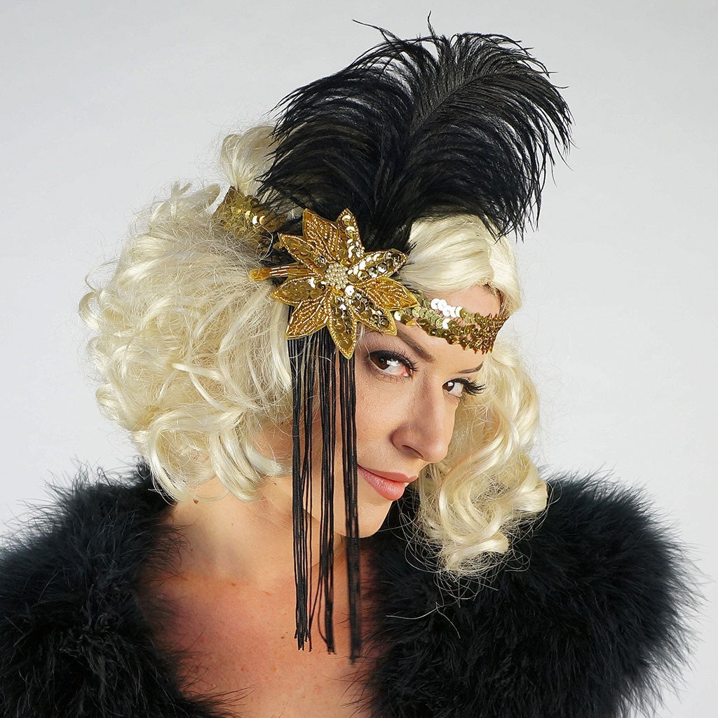 Flapper Feather Headband w/Tassel - Gold and Black - Feathers