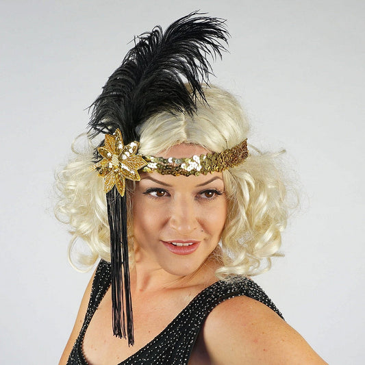 Flapper Feather Headband w/Tassel - Gold and Black - Feathers