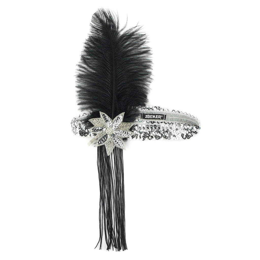 Flapper Feather Headband w/Tassel - Silver and Black - Feathers