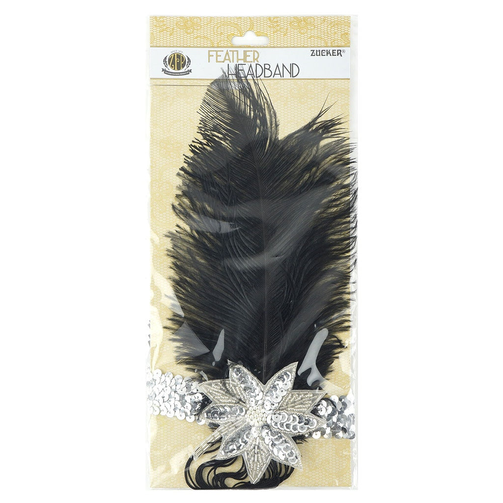 Flapper Feather Headband w/Tassel - Silver and Black - Feathers