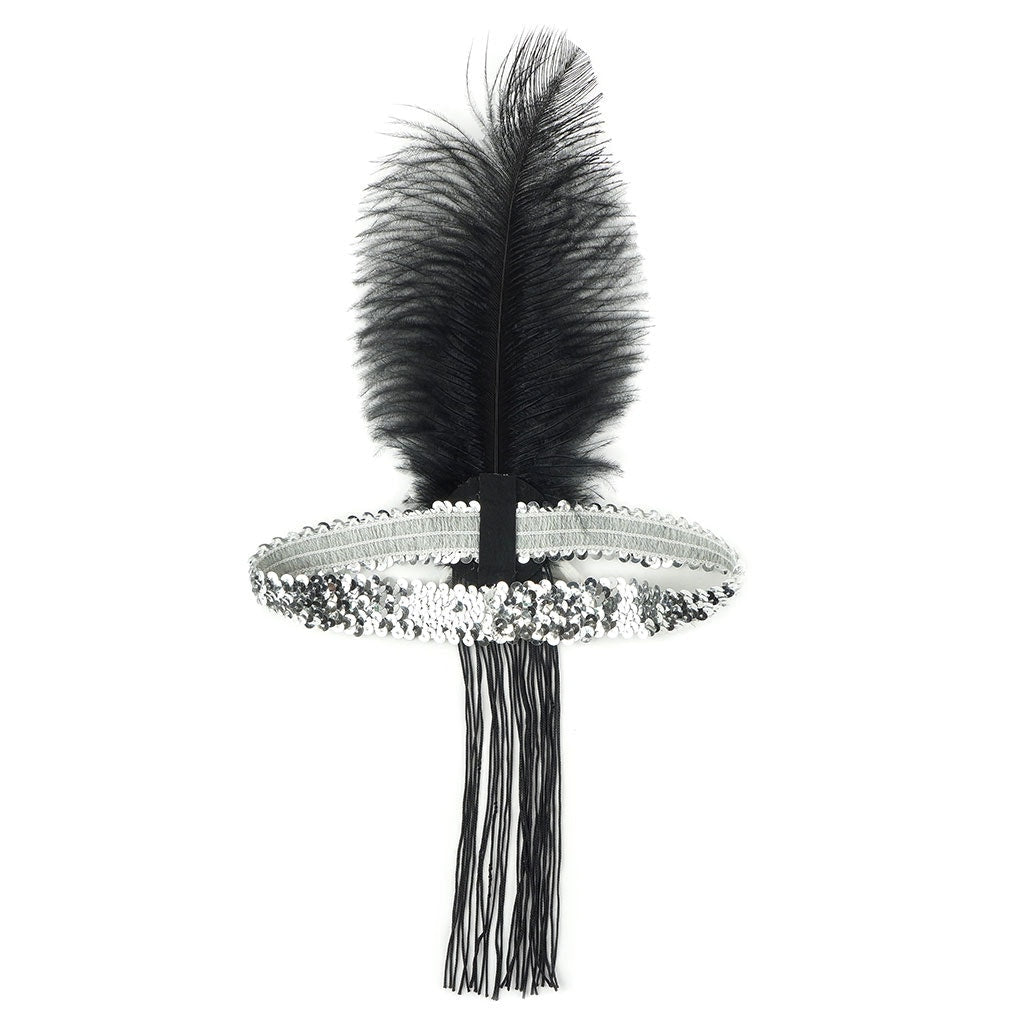 Flapper Feather Headband w/Tassel - Silver and Black - Feathers