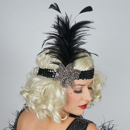 Flapper Headband w/Feather Spray - Black and Gold - Feathers