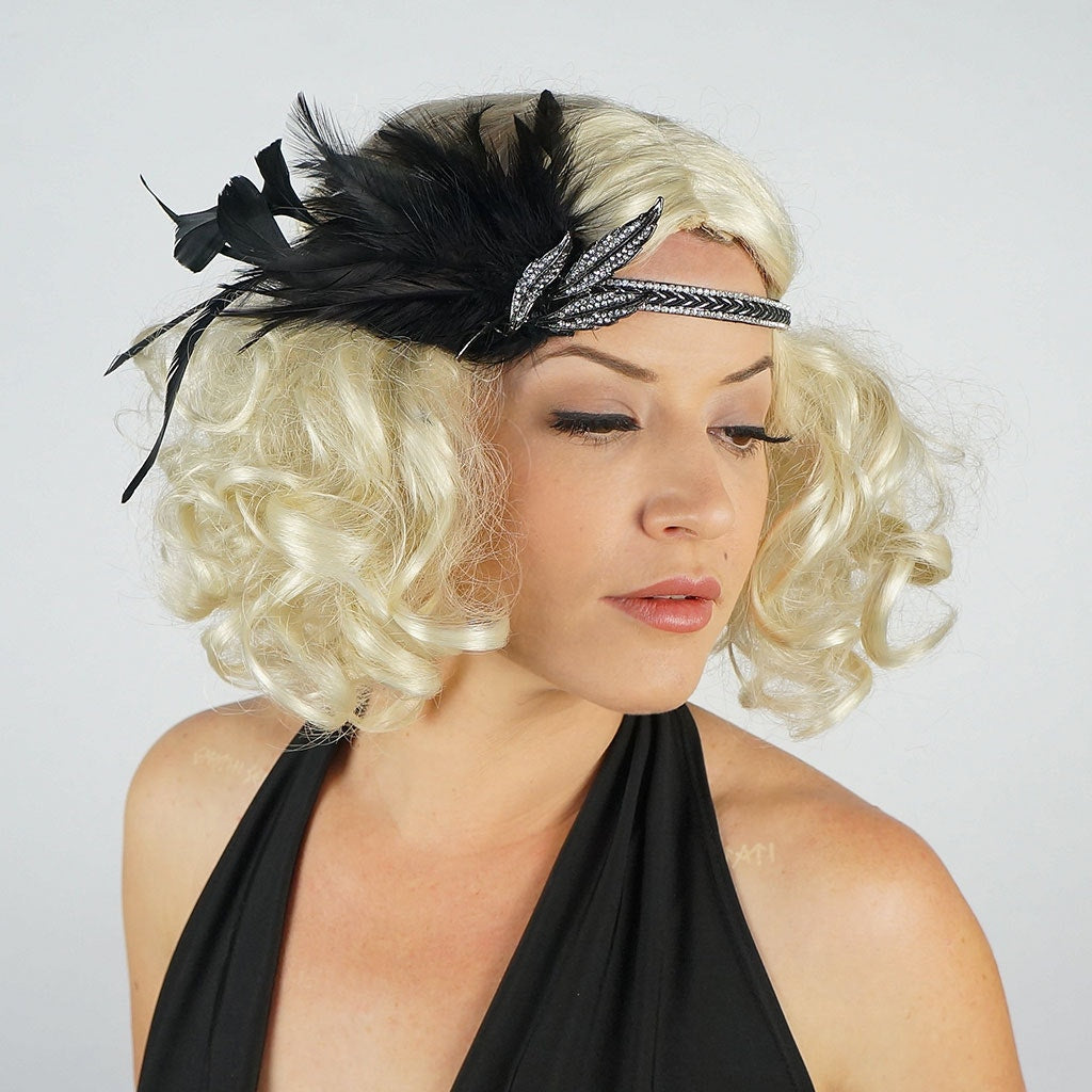 Gatsby Feather Headband w/Rhinestone Leaf - Black and Silver - Feathers