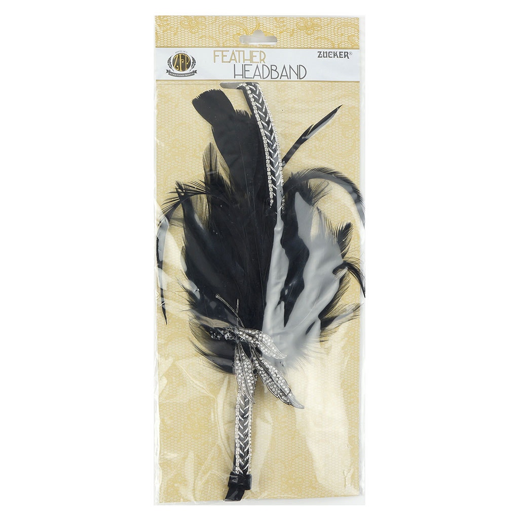 Gatsby Feather Headband w/Rhinestone Leaf - Black and Silver - Feathers