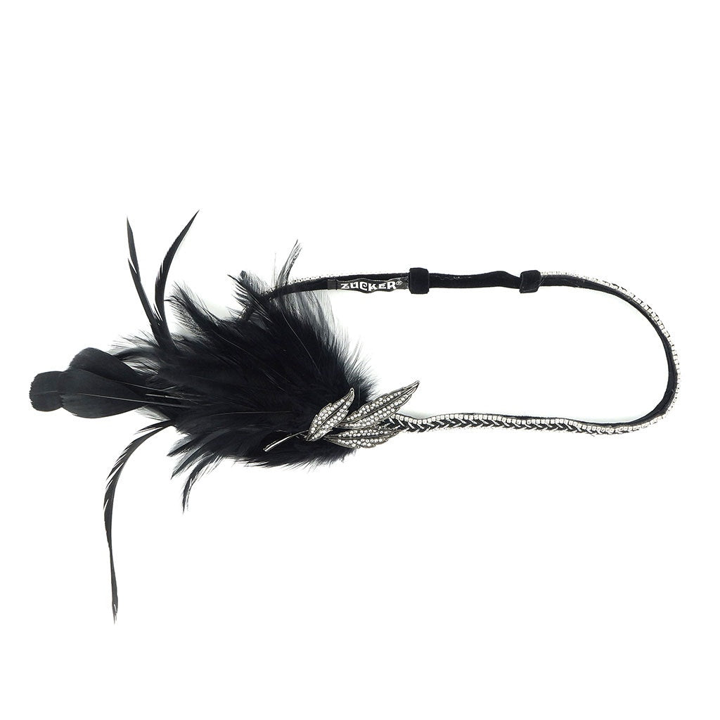 Gatsby Feather Headband w/Rhinestone Leaf - Black and Silver - Feathers