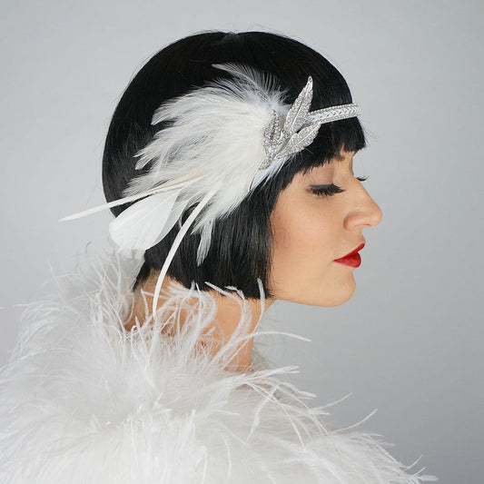 Gatsby Feather Headband w/Rhinestone Leaf - White and Silver - Feathers